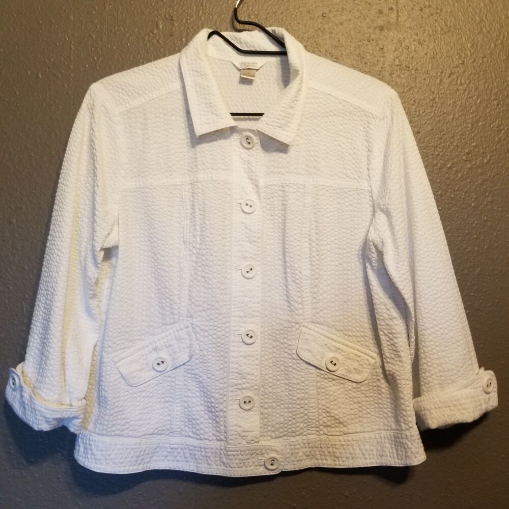 Christopher & Banks L Shirt Jacket White Cotton Seersucker Beach Coastal Cruise